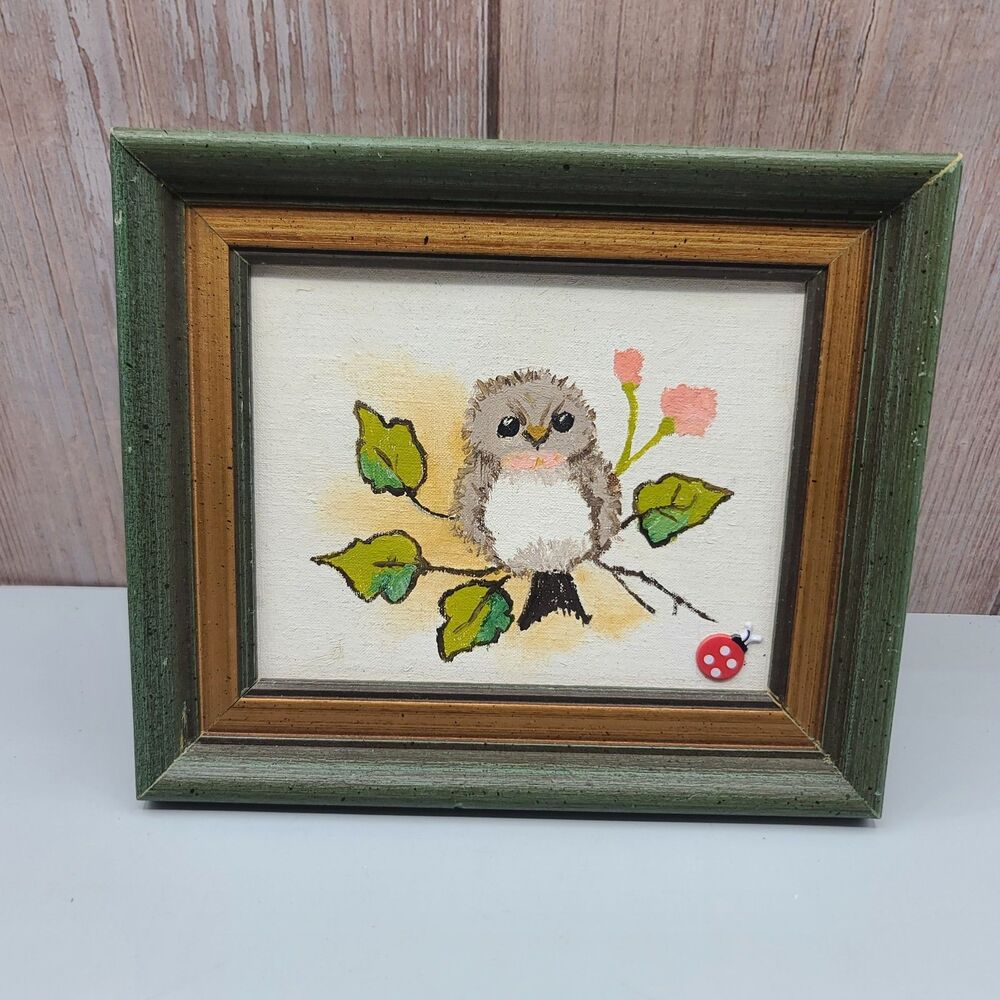 Original Oil Painting Bird Ladybug Portrait Canvas Framed Artwork